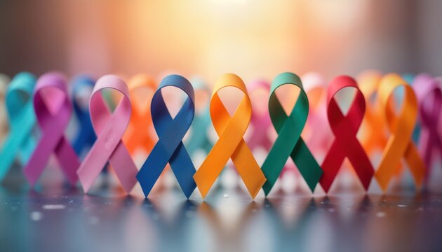 Colorful ribbons in row symbolize cancer awareness. Soft-focus background highlights different ribbon colors. Row of ribbons represent various types of cancer awareness. Different colors signify