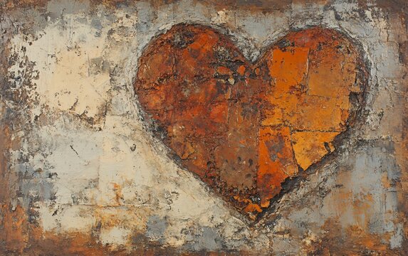 Naklejki Abstract Rusty Heart Painting, Textured  Art, Brown Orange Grey Tones