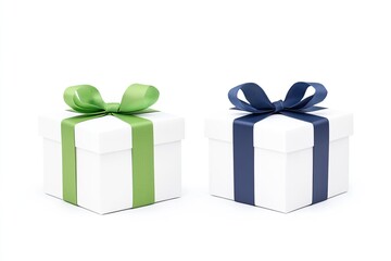 Two elegantly wrapped gift boxes with contrasting ribbons on a clean white background