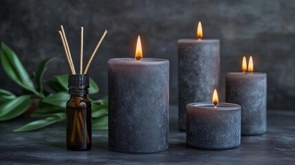 Dark Gray Candles and Reed Diffuser Aromatherapy Still Life