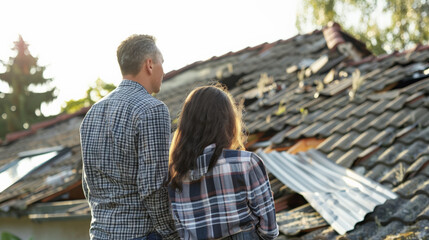 Naklejka premium Couple assessing roof damage and discussing repair options in sunlight
