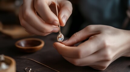 Delicate hands work meticulously on a pendant, highlighting the beauty and intricacy of handmade jewelry design.