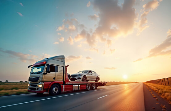 Tow truck carries broken down car on open road. Sunrise illuminates landscape. Timely roadside assistance. Modern vehicle towed. Efficient transport of car. Pro auto repair service. Highway travel in