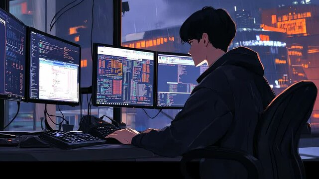 Young programmer focused on coding in a modern cityscape during a rainy night with multiple computer screens