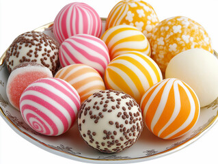 Fototapeta premium Assortment of colorful, round candies on a plate. Sweet treats, perfect for any occasion.