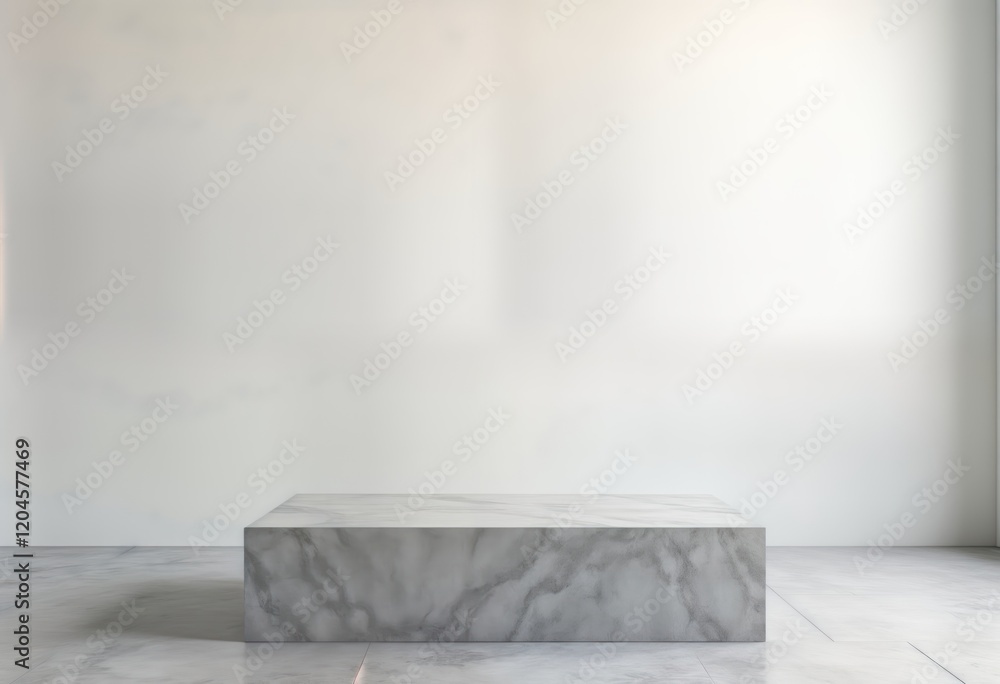 Poster empty marble platform stands in bright studio. simple white walls, light gray floor create minimalis