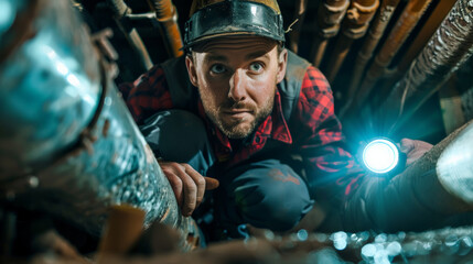Plumber inspecting crawl space with flashlight, focused on pipes