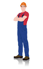 Smiling Construction Worker in Protective Gear with Folded Arms. Vector Flat Style Illustration Isolated On White