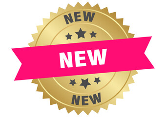 new. new round pink and gold label isolated on transparent background