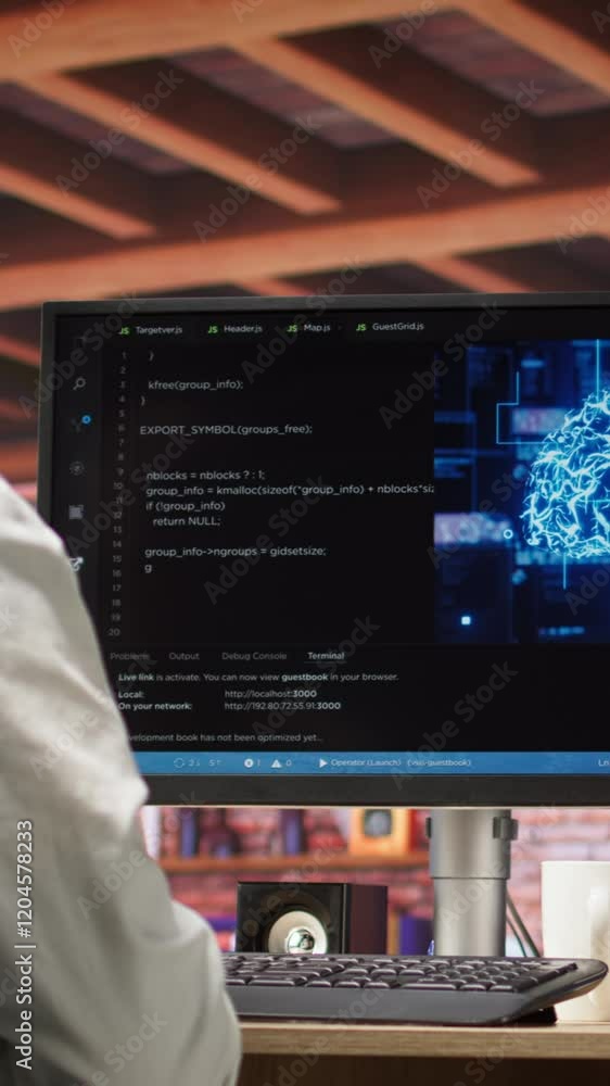 Poster vertical video admin doing maintenance on artificial intelligence neural networks computerized model