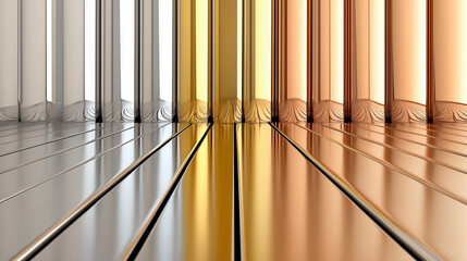 Abstract metallic background with silver, gold, and copper textures.  Reflective surface.