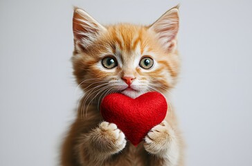 Adorable Ginger Kitten Holding a Red Heart