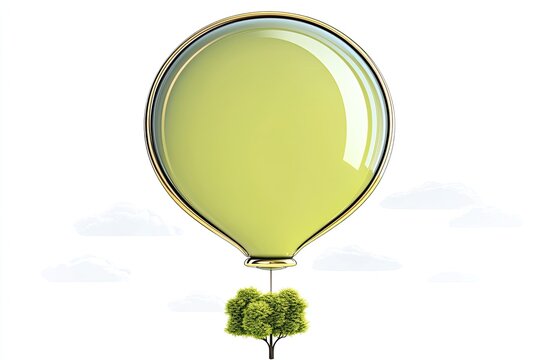 A large yellow balloon resembling a tree floats in a clear sky, symbolizing eco-friendliness