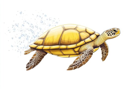 A vibrant illustration of a yellow sea turtle swimming gracefully through clear waters