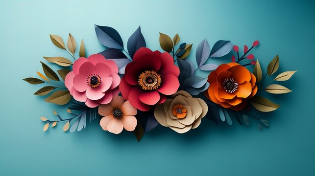 Sophisticated floral arrangement featuring layered petals and leaves in bold colors, perfect for modern wedding invitations with tosca background