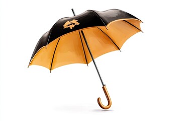 A striking black and orange umbrella with a unique design, showcasing elegance against a plain background