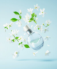 Bottle of floral perfume and jasmine flowers in air on light blue background