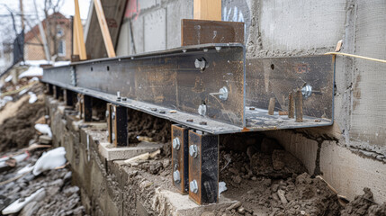 Strapping foundation wall with steel braces for stability and support