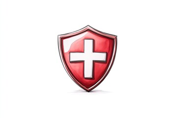 Obraz premium Glossy red shield with a white cross symbolizing protection and safety, isolated on white