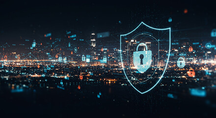 Cybersecurity Shield Digital City Protection Network Security Data Privacy Online Safety
