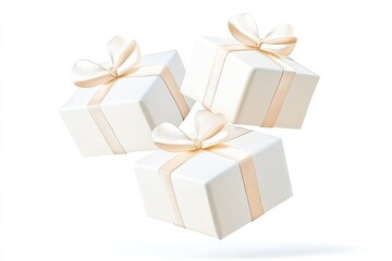 Three elegant white gift boxes with satin ribbons floating against a clean background