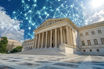 Fototapeta premium A grand building under a bright sky, featuring a network design overlay, symbolizing the intersection of law and technology.