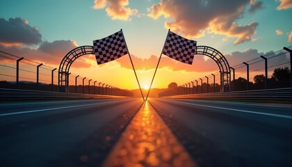 Race track finish line at sunset. Checkered flag waves in wind. Beautiful orange, red sky. Road asphalt. Motorsport. Speed. Winning moment. Triumphant victory. Competition. Dynamic scene. Success.