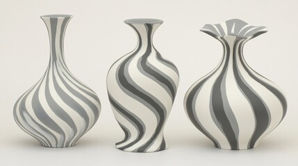 Elegant Gray and White Striped Ceramic Vases Set