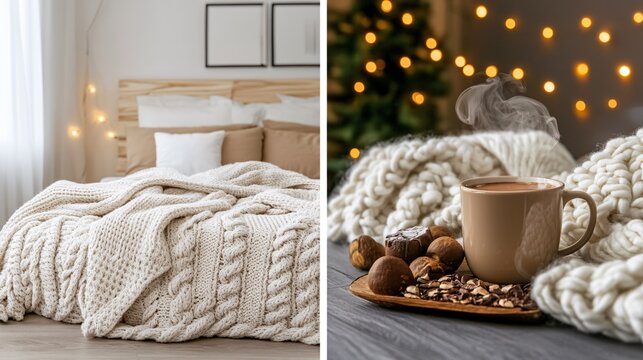 Cozy Winter Bedroom Scene with Knit Blanket and Hot Chocolate