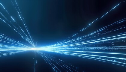 Dynamic abstract graphic design. Futuristic glowing streaks of bright light move across dark blue background. Motion, speed conveyed visually. Ideal for tech presentations websites emphasizing