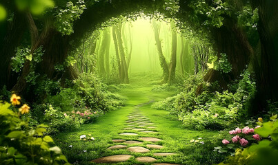 Fototapeta premium Enchanted Forest Path, Sunlight, Magical, Nature Background.