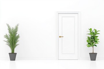 Minimalist interior scene featuring a white door flanked by two potted plants in a bright room