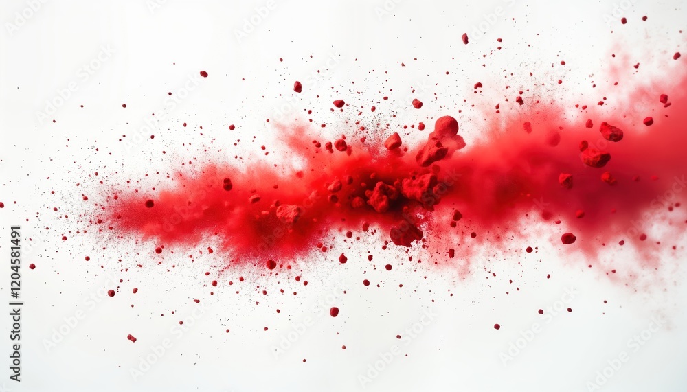 Poster Red chalk particles explode in dynamic display against white background. Burst of vibrant red dust, fragments create abstract pattern. Action conveys energy, motion. Artistic representation of
