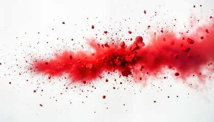 Red chalk particles explode in dynamic display against white background. Burst of vibrant red dust, fragments create abstract pattern. Action conveys energy, motion. Artistic representation of