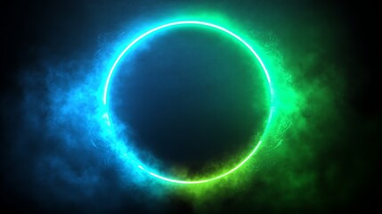 Glowing Neon Circle Enveloped in Blue and Green Smoke