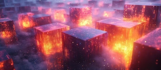 Glowing cubes in fiery fog, abstract digital art.
