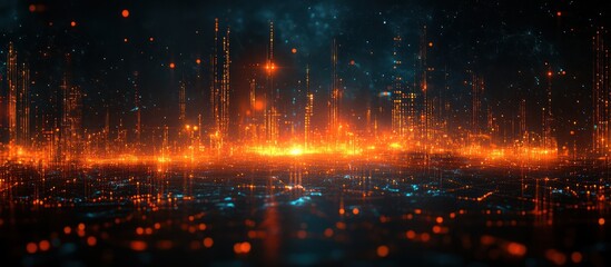 Futuristic cityscape at night, glowing orange and blue lights.