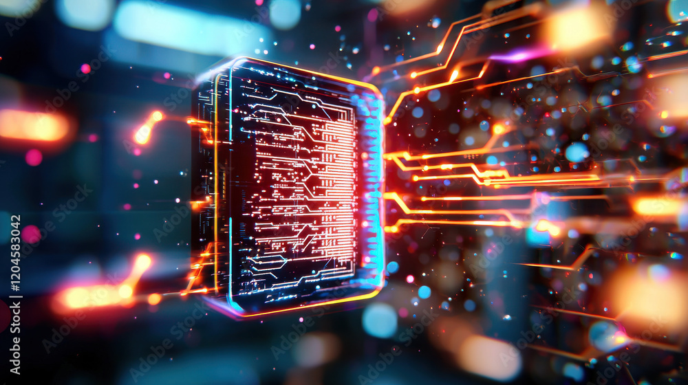 Aufkleber cinematic rendering of 3D model of artificial intelligence chip, showcasing vibrant circuits and glowing connections, evokes sense of advanced technology and innovation