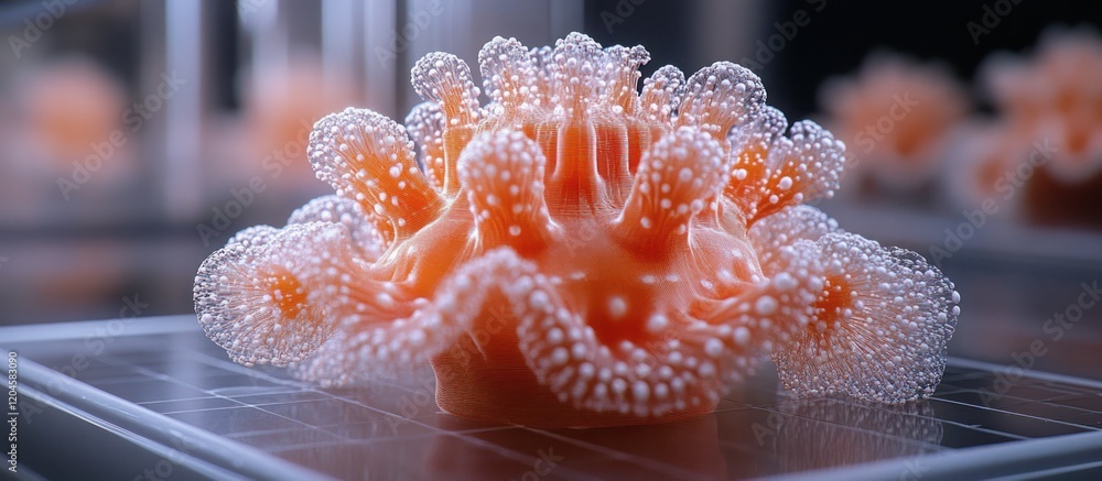Poster close-up of a bioluminescent coral polyp in a lab setting.