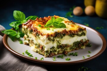 Homemade Italian lunch spinach lasagna with ragu bechamel and parmesan cheese served in a village dining atmosphere