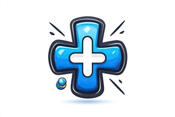 Obraz premium Vibrant blue plus sign icon with a glossy finish, surrounded by dynamic elements, suitable for digital design