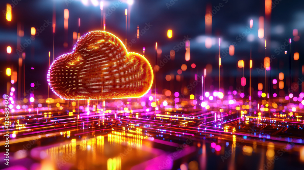 Poster vibrant cloud symbol representing data transfer in digital landscape, illuminated by colorful lights