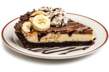 Delicious banana cream pie slice with chocolate drizzle and whipped cream, featuring a graham cracker crust and fresh banana slices on a white plate.