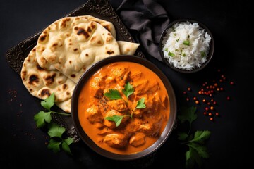 Indian cuisine with butter chicken basmati rice naan bread and spices in bowl Background is black with space for text Top view of traditional dish Chicken tik