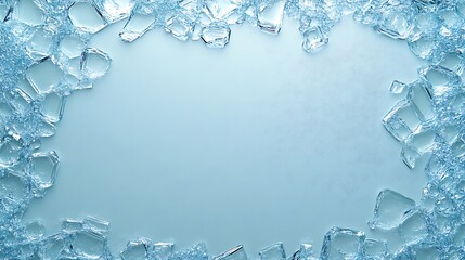 Broken ice pieces frame a light blue background
