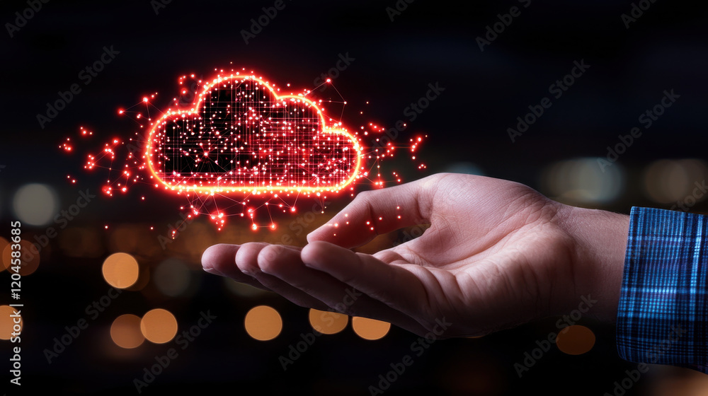 Aufkleber hand holding glowing cloud symbol representing cloud computing technology, with blurred background of lights
