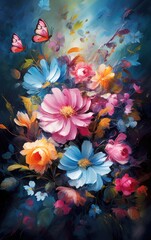 Vibrant Floral Bouquet Painting with Pink Butterflies and Colorful Blooms © PixelQraze