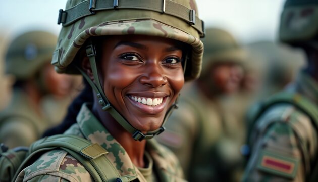 Black woman soldier smiles confidently in military uniform. Proudly serving in army. Focus on facial expression, displaying strength, determination. Photo highlights diversity, representation in