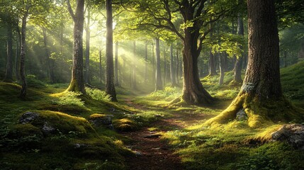 Obraz premium Magical Sunlit Forest Path, Mossy Trees, Sunlight Beams