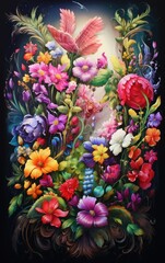 Vibrant Floral Bouquet Painting with Lush Colors and Intricate Details
